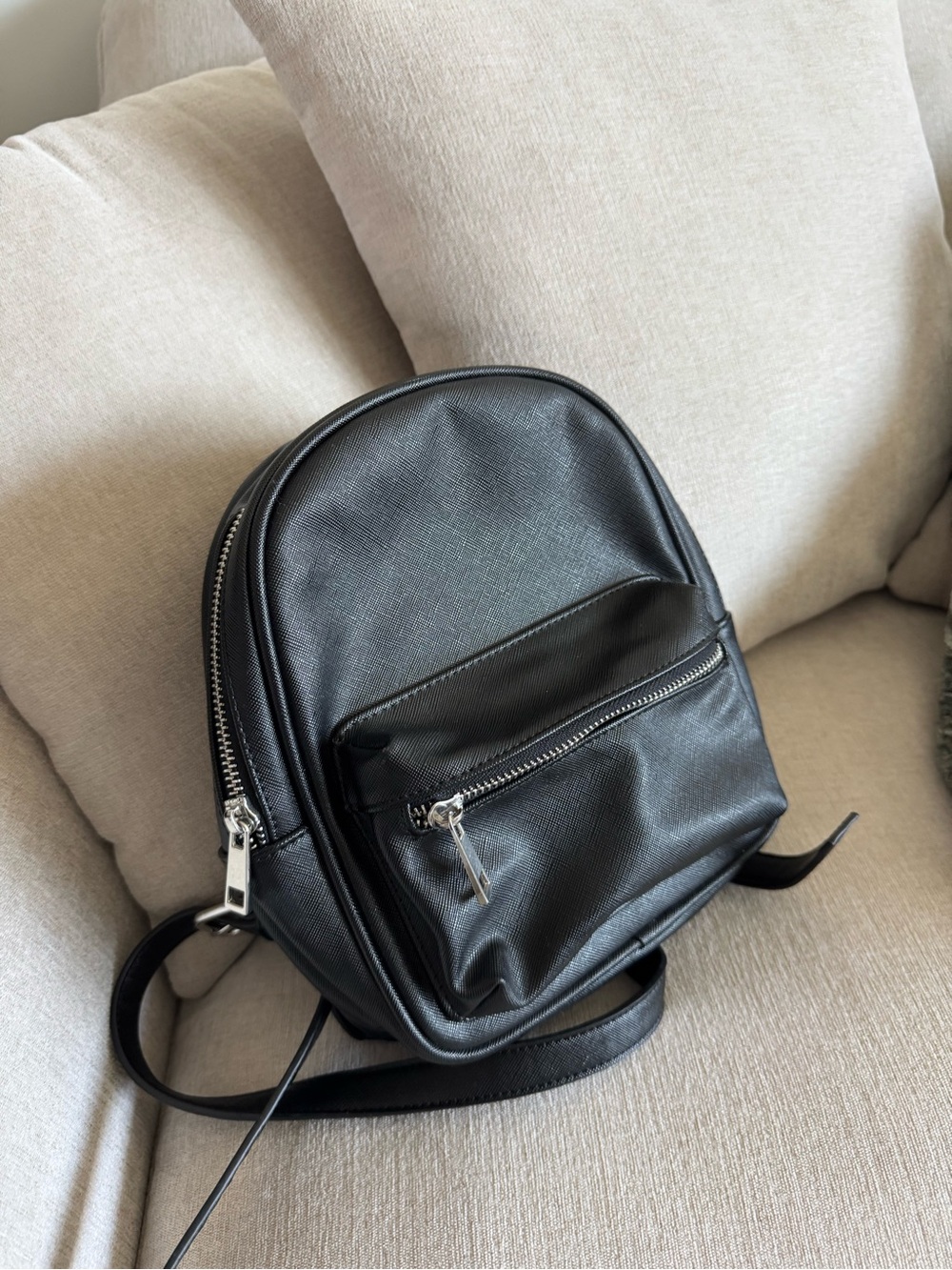 Forever 21 Black Mini Faux Leather Backpack with Silver Hardware